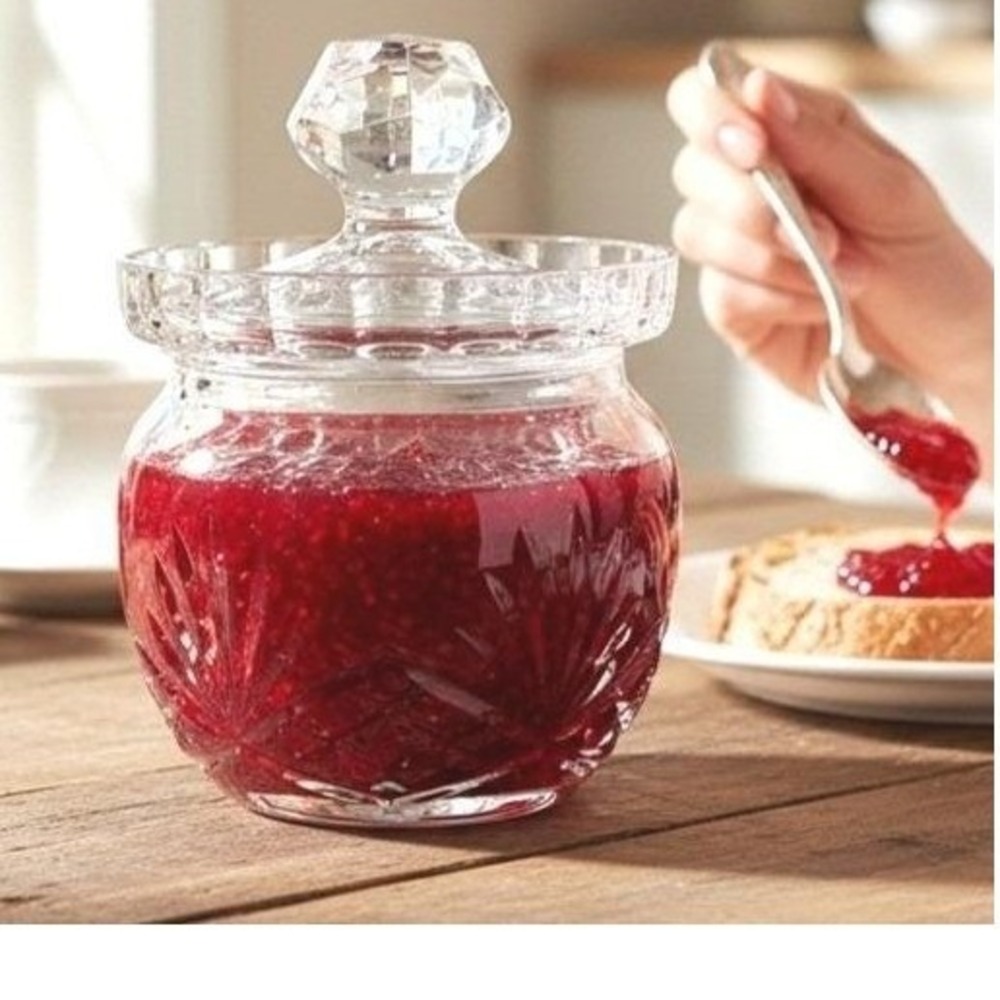ROGASKA Crystal Jam Jar Honey Pot‎ w/ Lid Starburst Glass Condiment Pot Clear